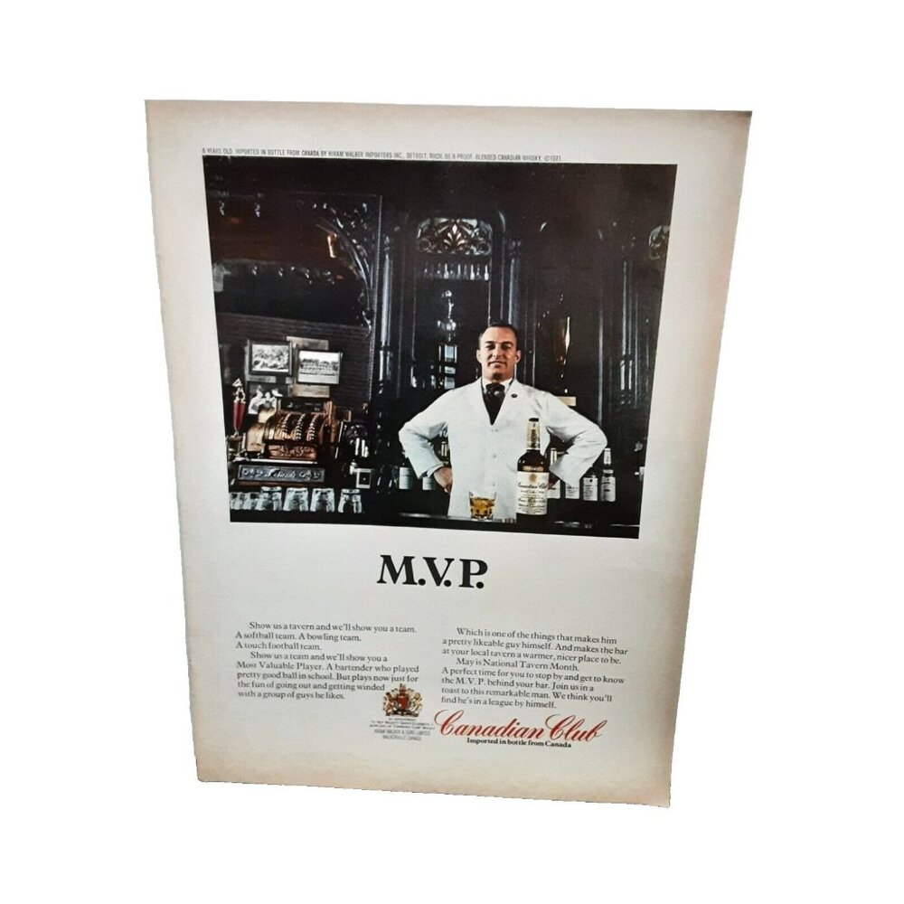 1971 Canadian Club Whisky MVP The Bartender Original Print Ad